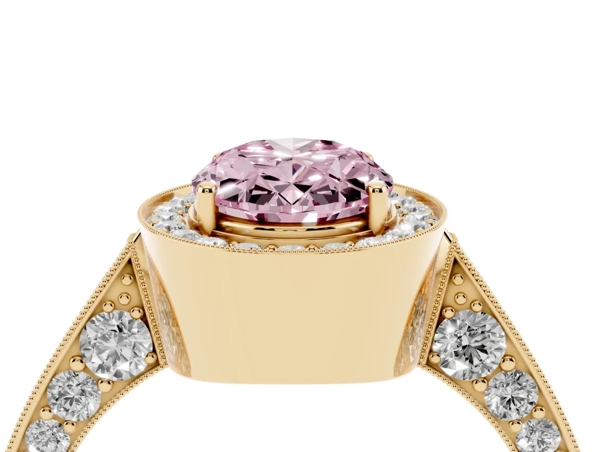 Fancy Pink Oval Cut Halo Diamond Engagement Ring with Split Shank Band and Four-Prong Setting Yellow gold