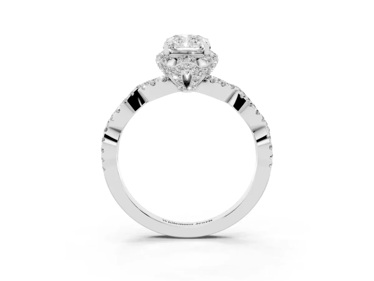 Radiant Cut Halo Twist Band Solitaire Ring with Six-Prong Setting Silver
