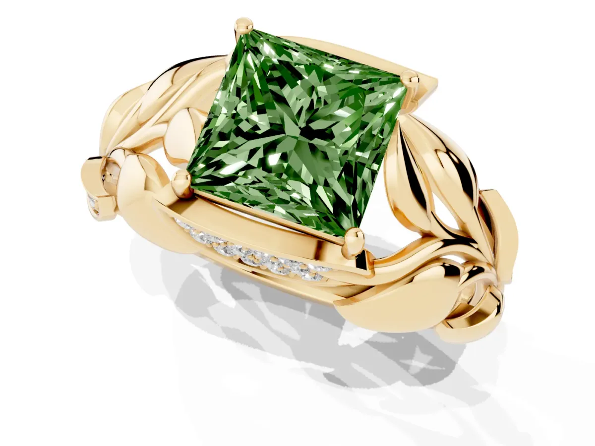 Fancy Green Princess Cut Diamond Leaf-Inspired Engagement Ring with Round Accents and Prong Setting Yellow gold