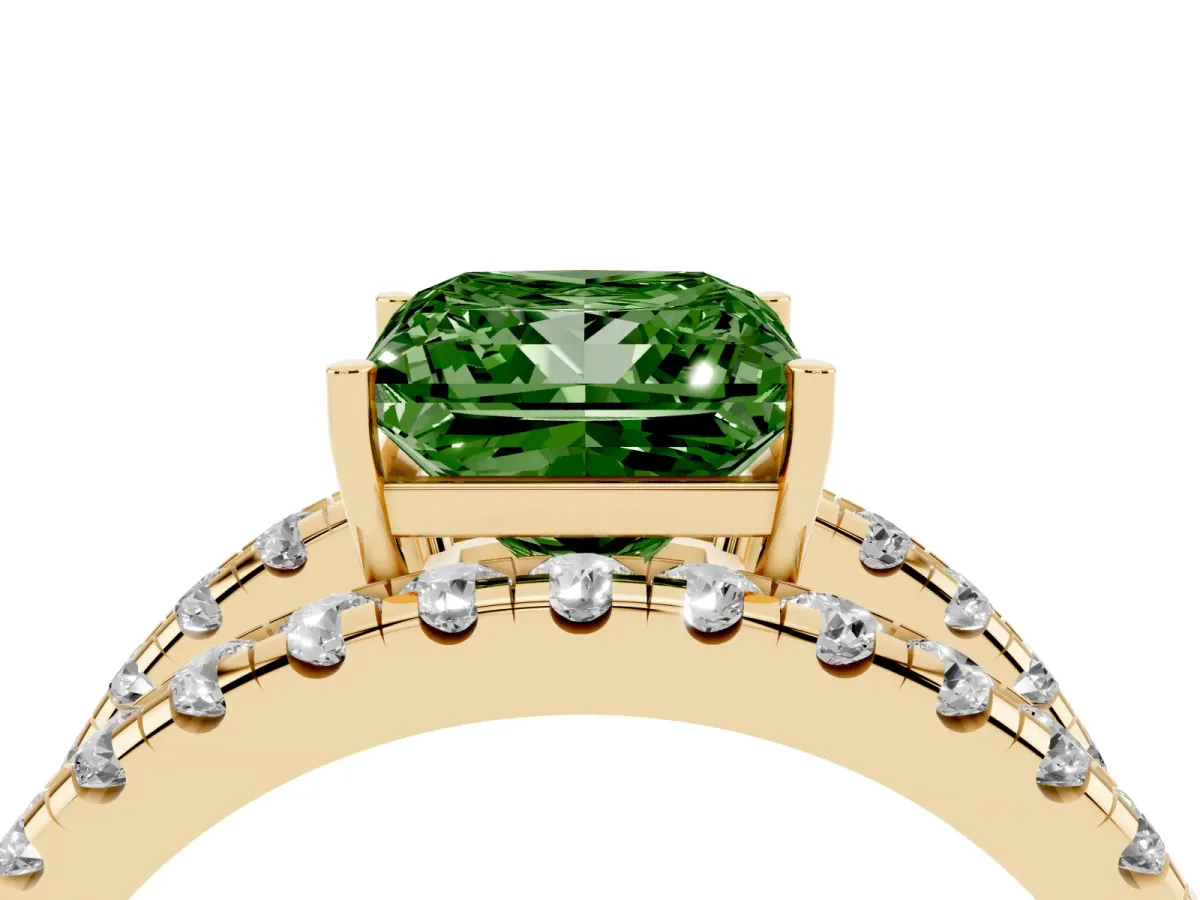 Fancy Green Princess Cut Solitaire Split Shank Pave Diamond Ring Yellow gold