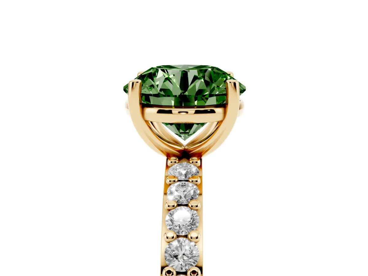 Fancy Green Round Cut Cut Diamond Solitaire with Pave Band and Four-Prong Setting Yellow gold
