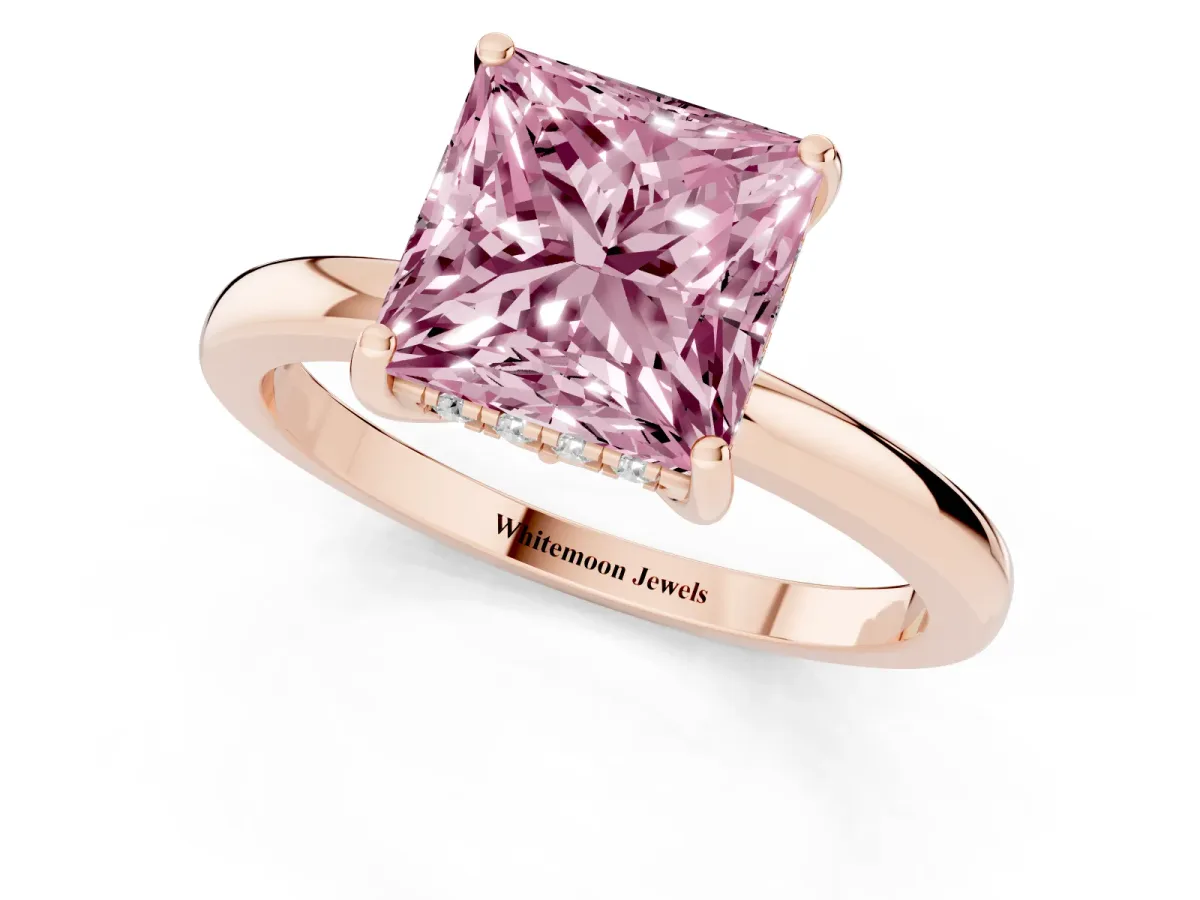 Fancy Pink Princess Cut Solitaire Diamond Ring with Prong Setting and Plain Band Rose gold