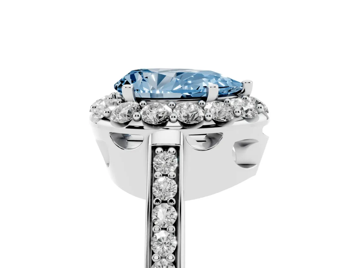 Fancy Blue Pear Cut Diamond Floral Halo Ring with Pavé Band and Prong Setting White gold