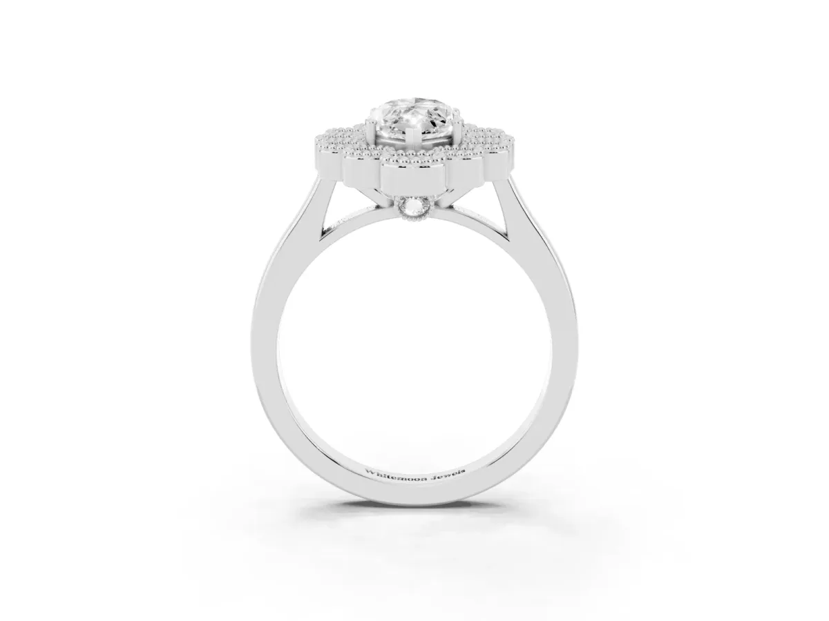 Marquise Cut Halo Diamond Cluster Engagement Ring with Milgrain Bezel Setting and Solitaire Band White gold