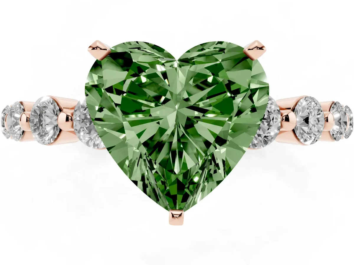 Fancy Green Heart Cut Solitaire Diamond Ring with Pave Band and Four-Prong Setting Rose gold
