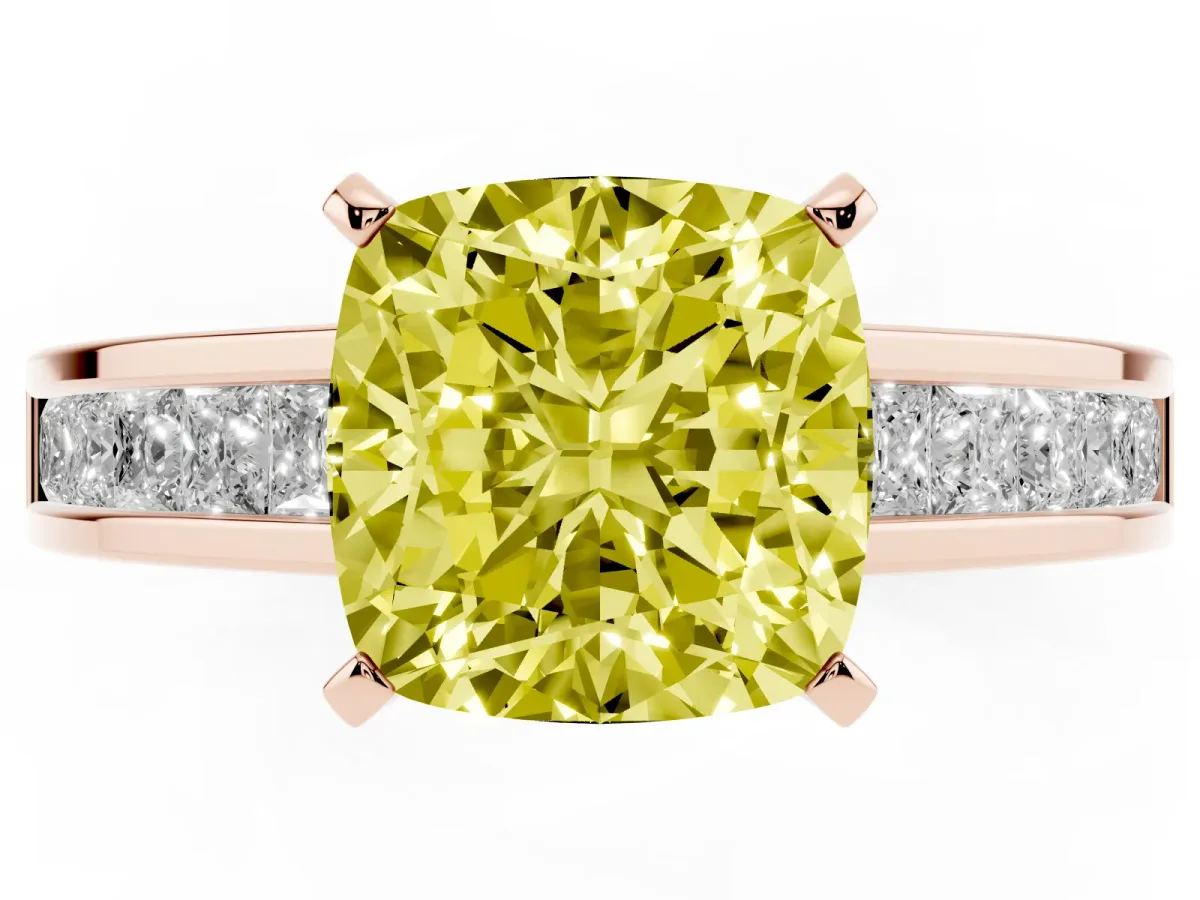 Fancy Yellow Cushion Cut Solitaire Diamond Ring with Channel-Set Band and Four-Prong Setting Rose gold