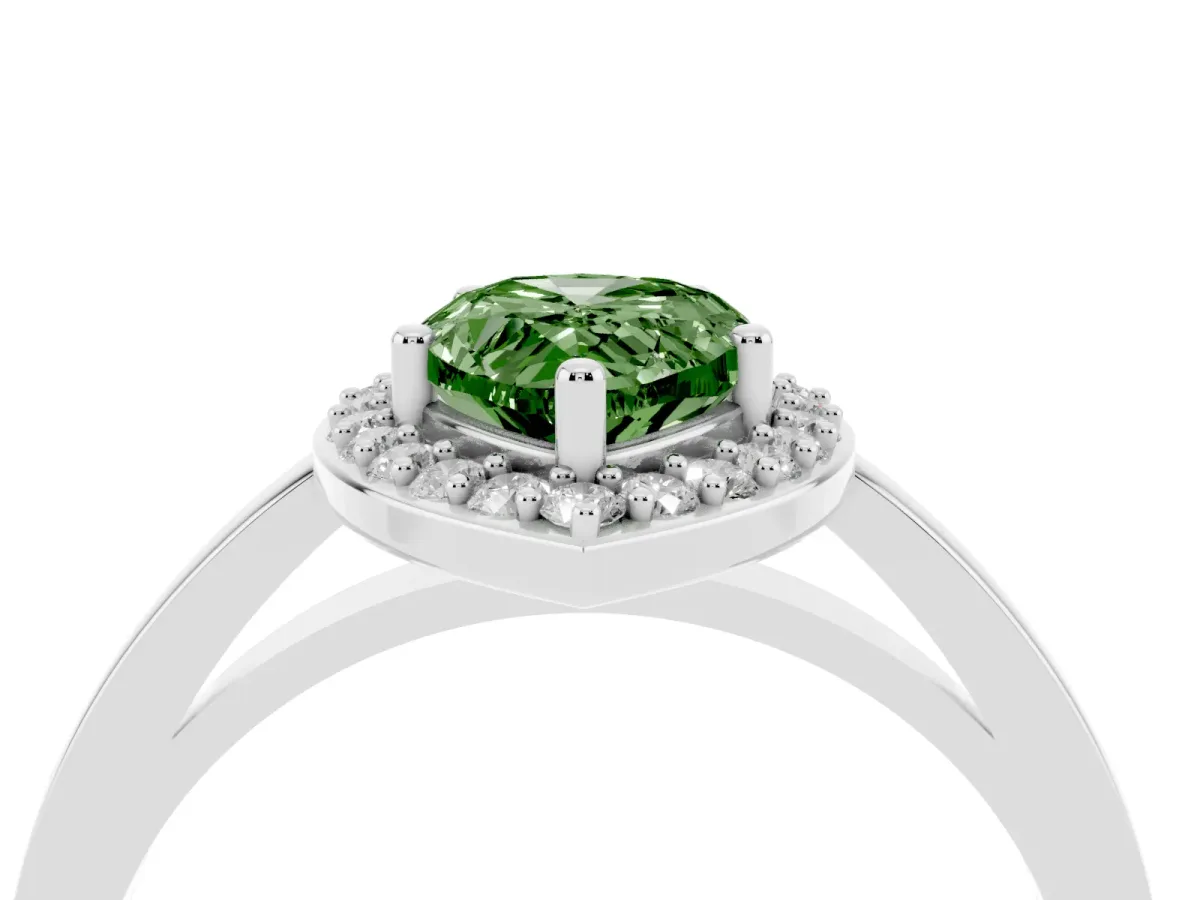 Fancy Green Pear Cut Halo Diamond Ring with Solitaire Band and Prong Setting Silver