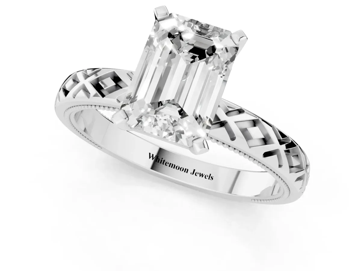 Emerald Cut Solitaire Diamond Ring with Milgrain and Black Enamel X Pattern Band Silver