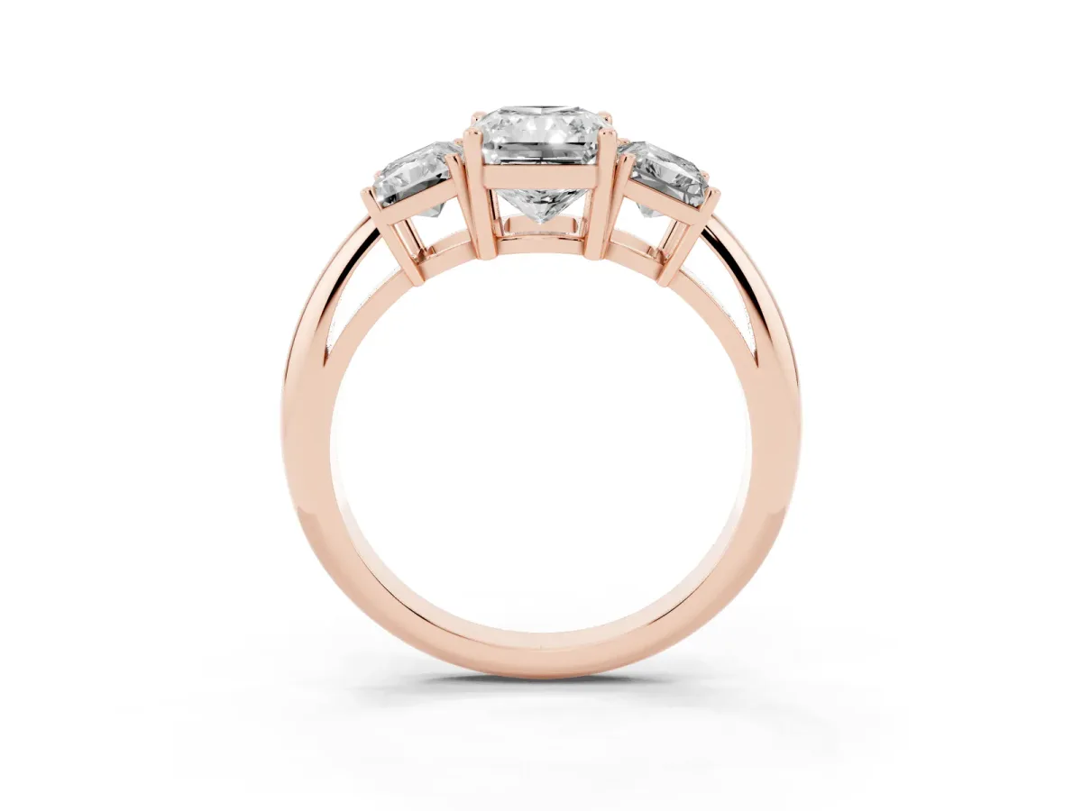 Three-Stone Radiant Cut Cut Diamond Engagement Ring with Prong Setting on a White Gold Band Rose gold
