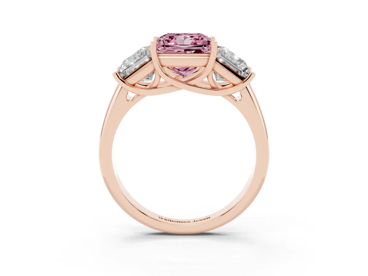 Fancy Pink Three-Stone Princess Cut Diamond Engagement Ring with Prong Setting Rose gold