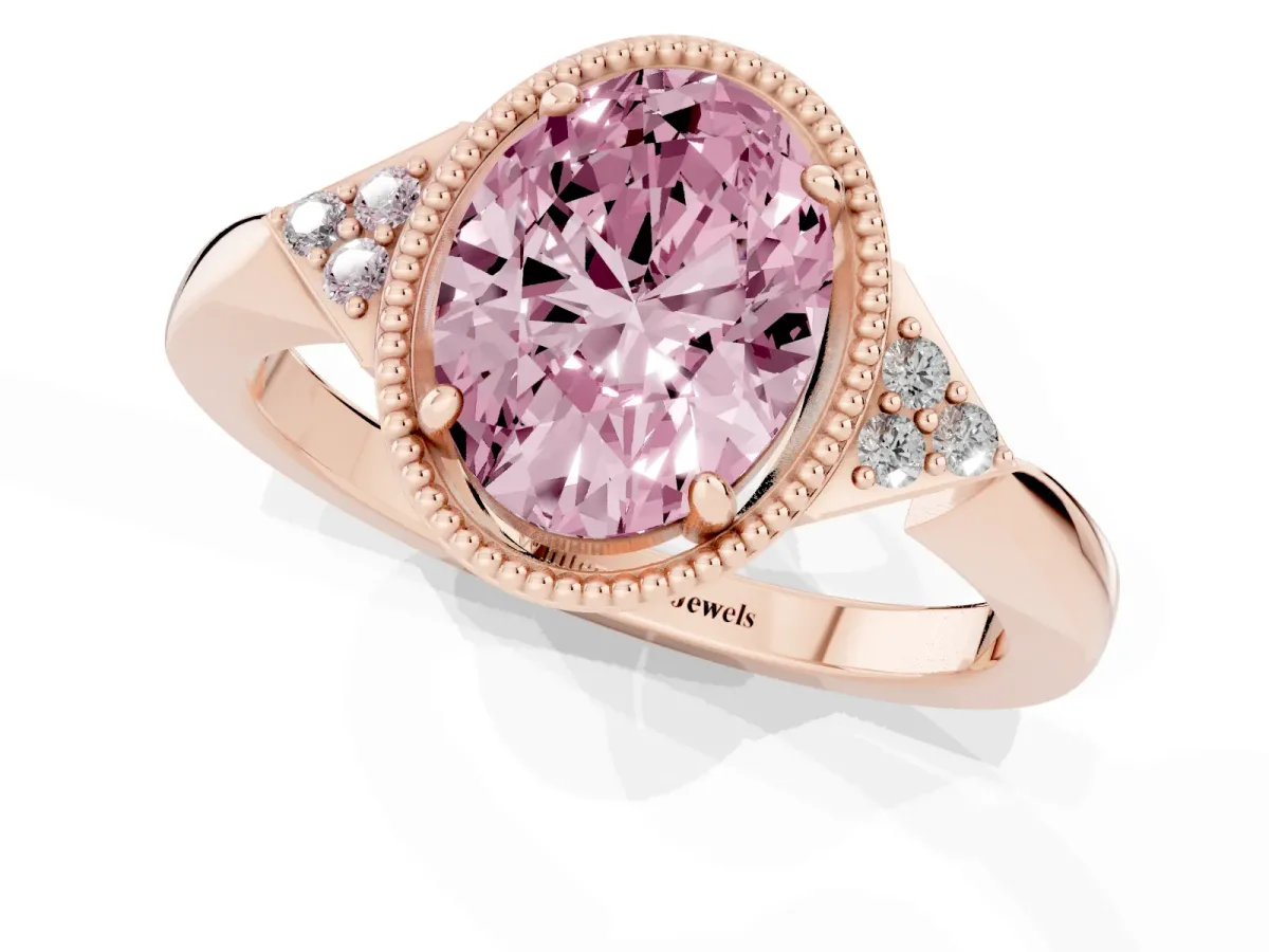 Fancy Pink Hexagonal Halo Oval Cut Diamond Solitaire with Pavé Band and Four-Prong Setting Rose gold