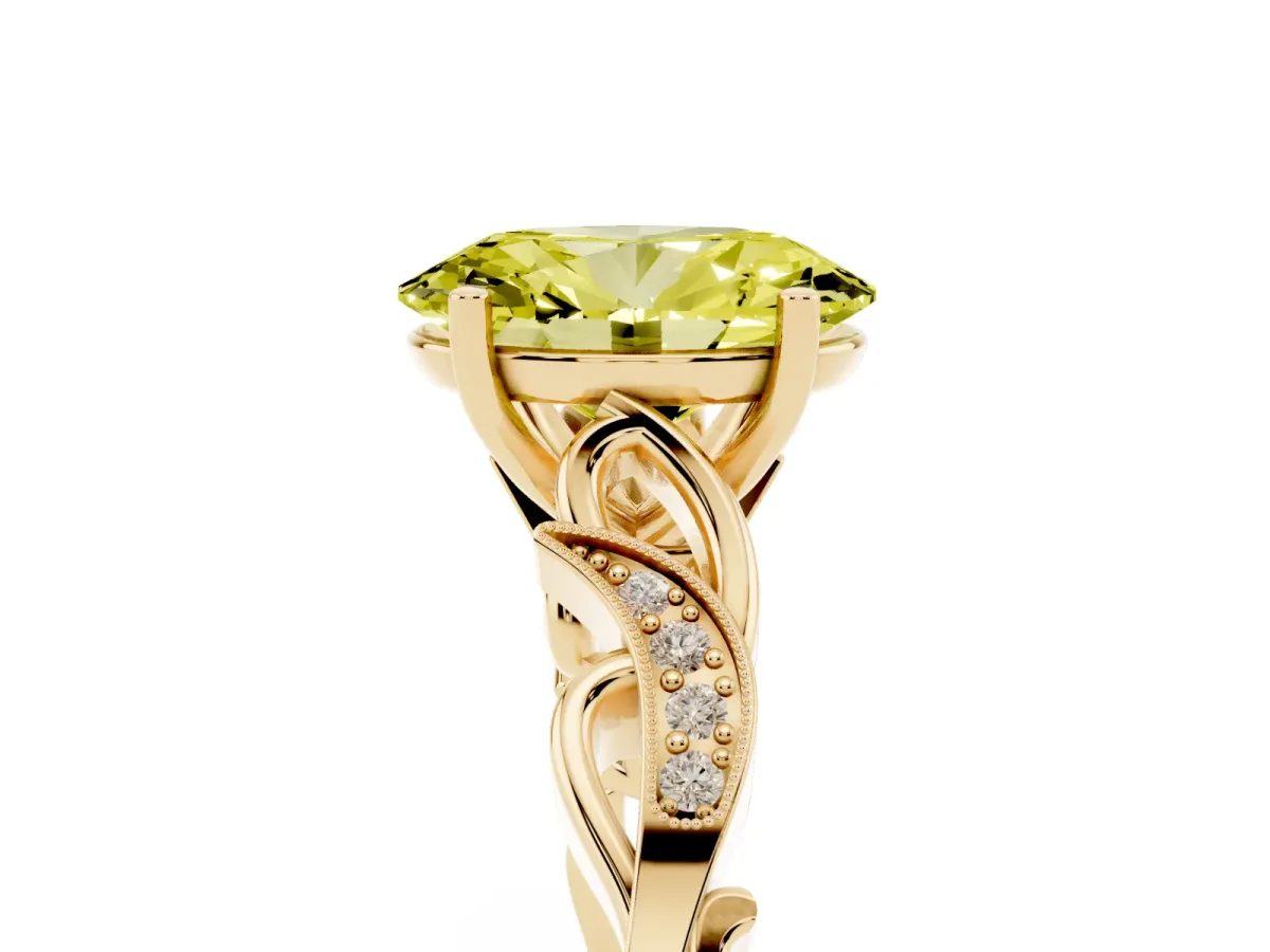 Fancy Yellow Oval Cut Solitaire Vine Band with Milgrain Prong Setting Yellow gold