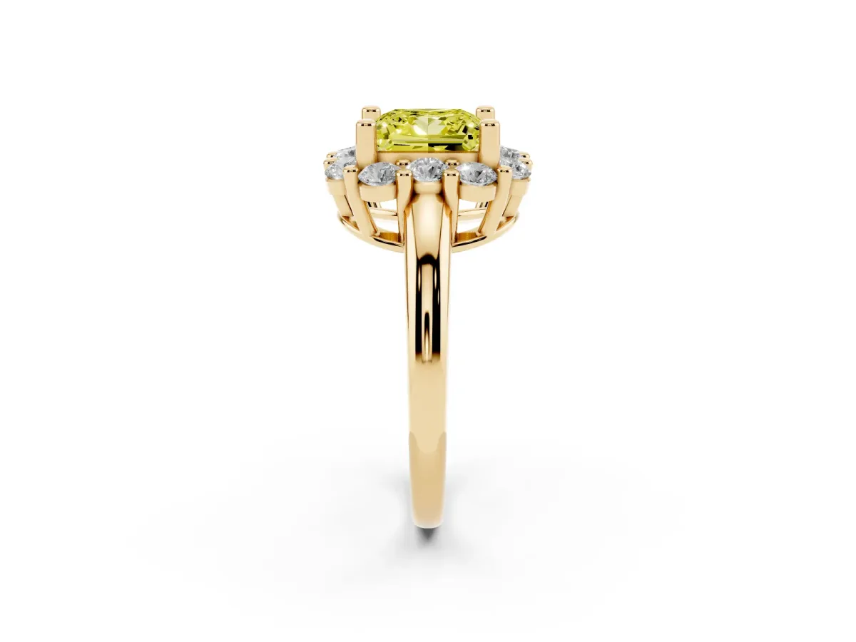 Fancy Yellow Princess Cut Halo Cluster Diamond Engagement Ring with Prong Setting and Polished Band Yellow gold