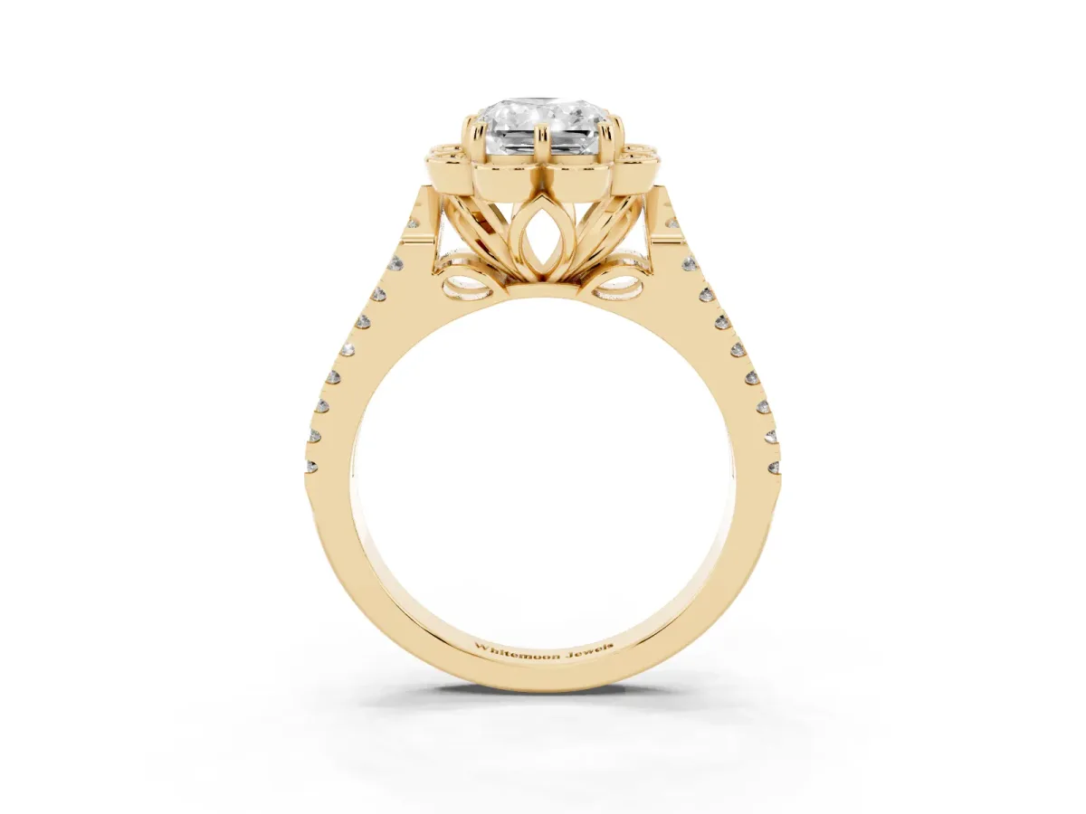 Radiant Cut Halo Diamond Floral Split Shank Engagement Ring Yellow gold