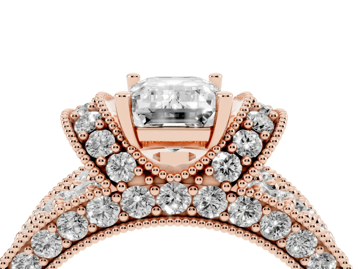 Emerald Cut Halo Pave Diamond Engagement Ring with Milgrain Detailing Rose gold