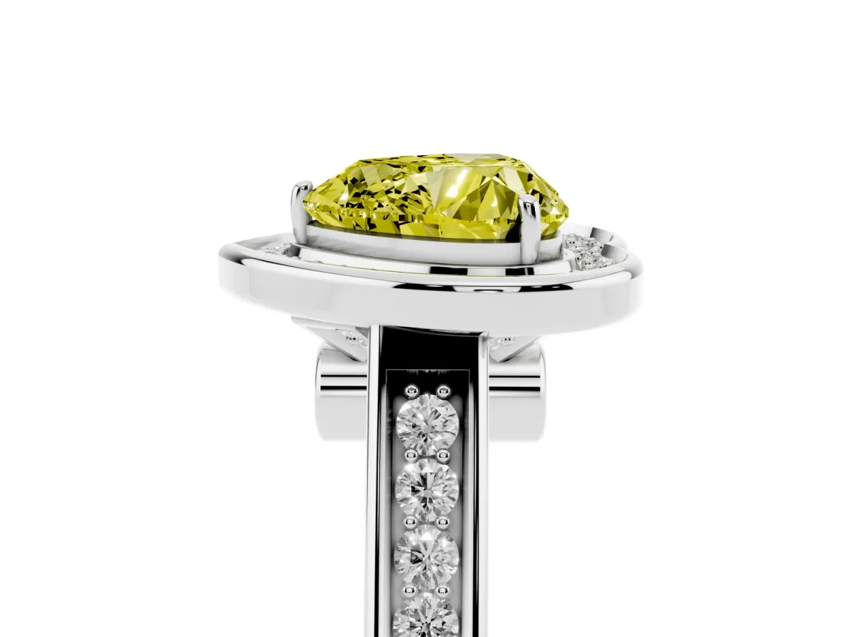 Fancy Yellow Heart Cut Halo Solitaire Diamond Ring with Pave Band and Bezel Setting Silver