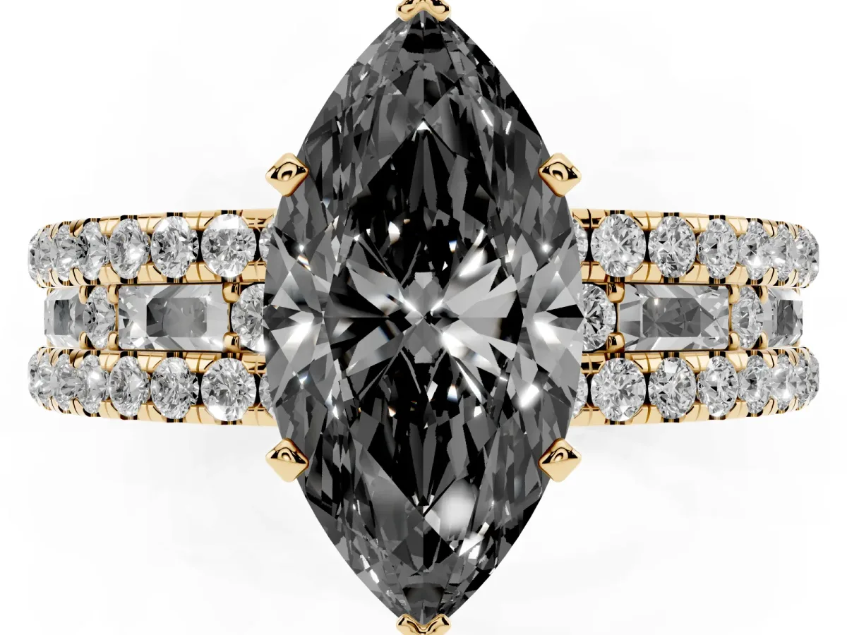 Fancy Black Marquise Cut Diamond Solitaire Ring with Pavé and Channel Set Band Yellow gold