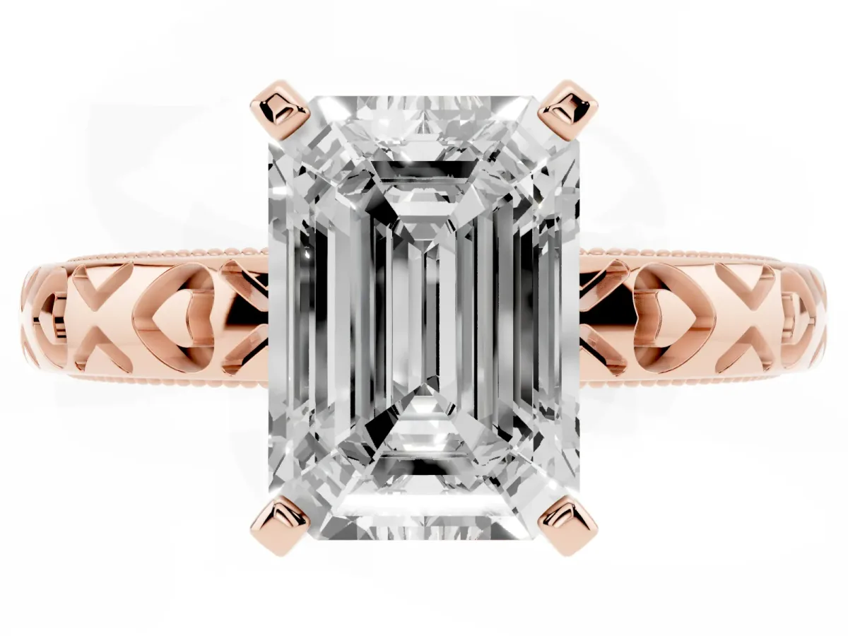 Emerald Cut Solitaire Diamond Engagement Ring with XO Engraved Band and Four-Prong Setting Rose gold