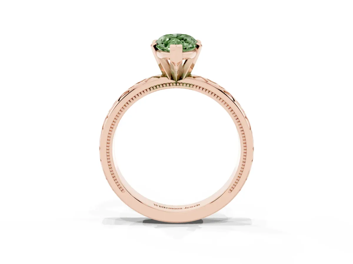 Fancy Green Marquise Cut Solitaire Engagement Ring with Scrollwork Band and Four-Prong Setting Rose gold