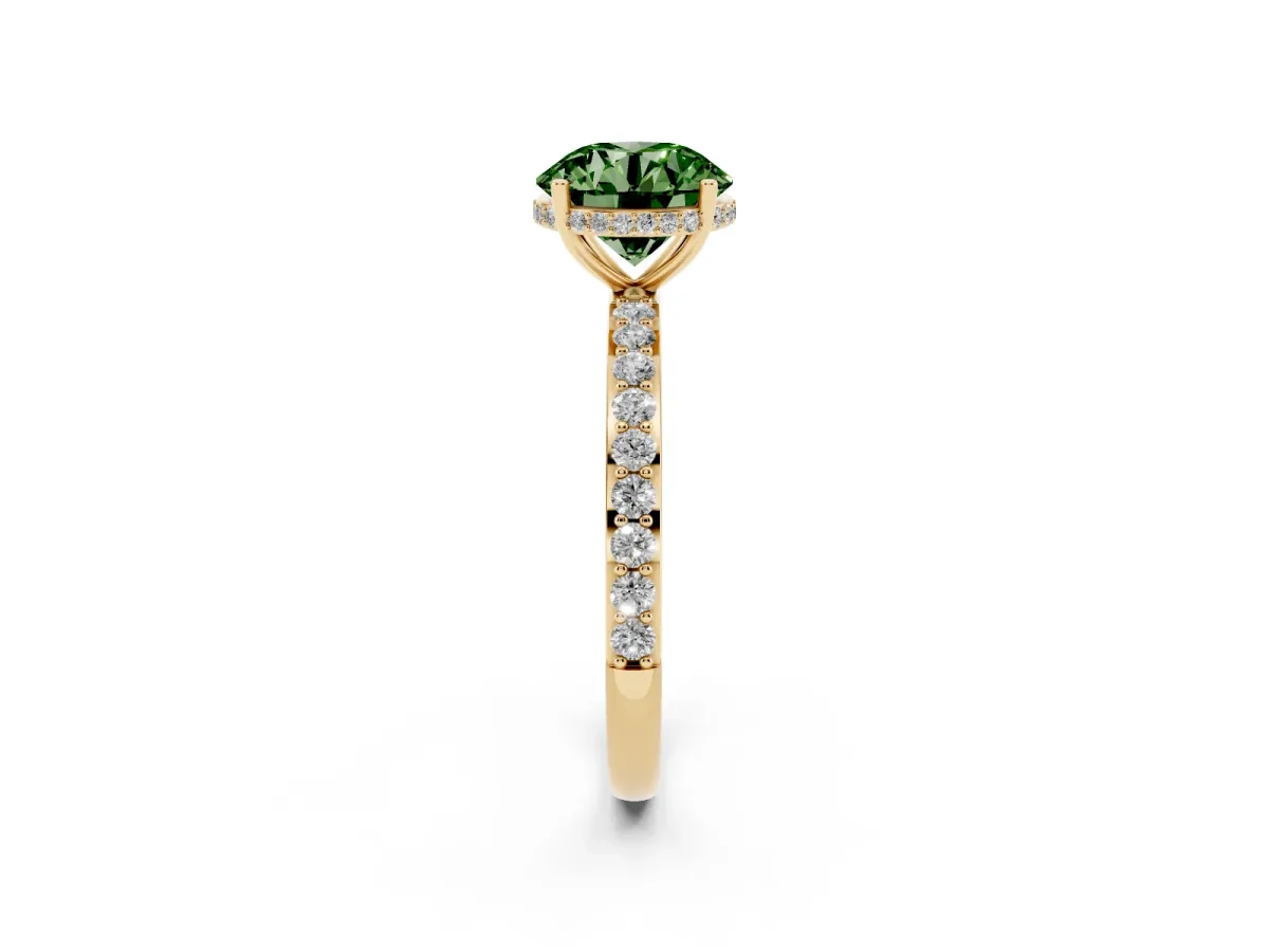 Fancy Green Round Cut Diamond Solitaire Ring with Pavé Band and Hidden Halo Yellow gold