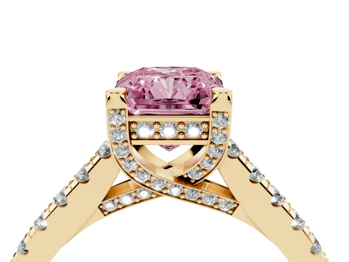 Fancy Pink Radiant Cut Brilliant Diamond Solitaire with Pavé Band and Four-Prong Setting Yellow gold