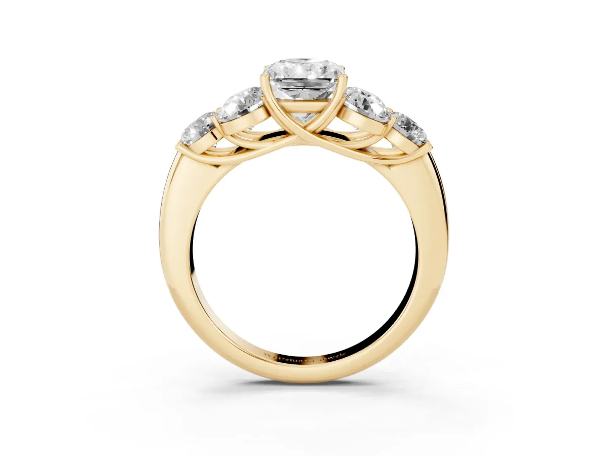 Radiant Cut Cut Diamond Cluster Ring with Round Accent Stones and Prong Setting on a Classic Band Yellow gold