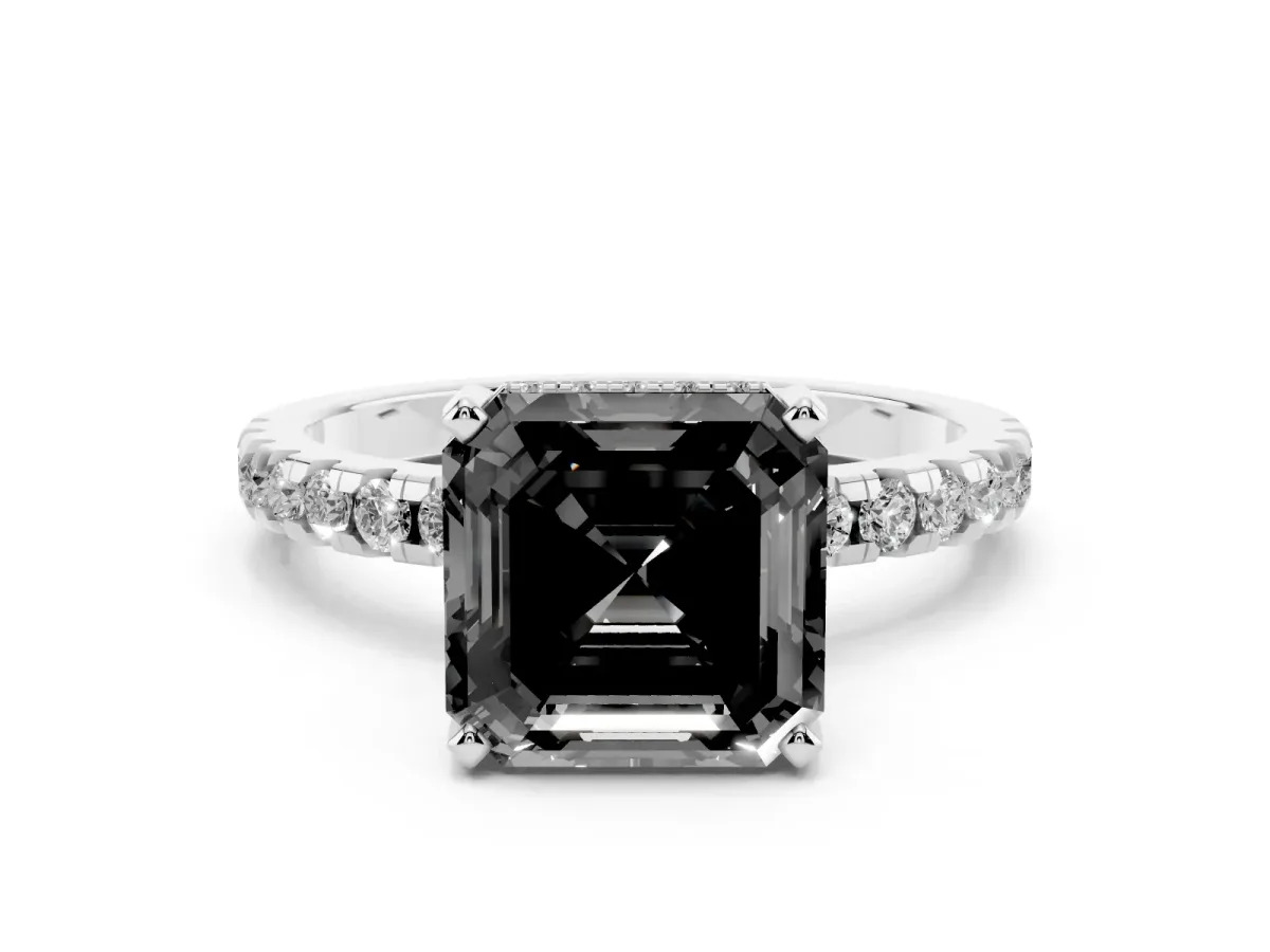 Fancy Black Asscher Cut Diamond Solitaire Ring with Round Pavé Band and Four-Prong Setting Silver