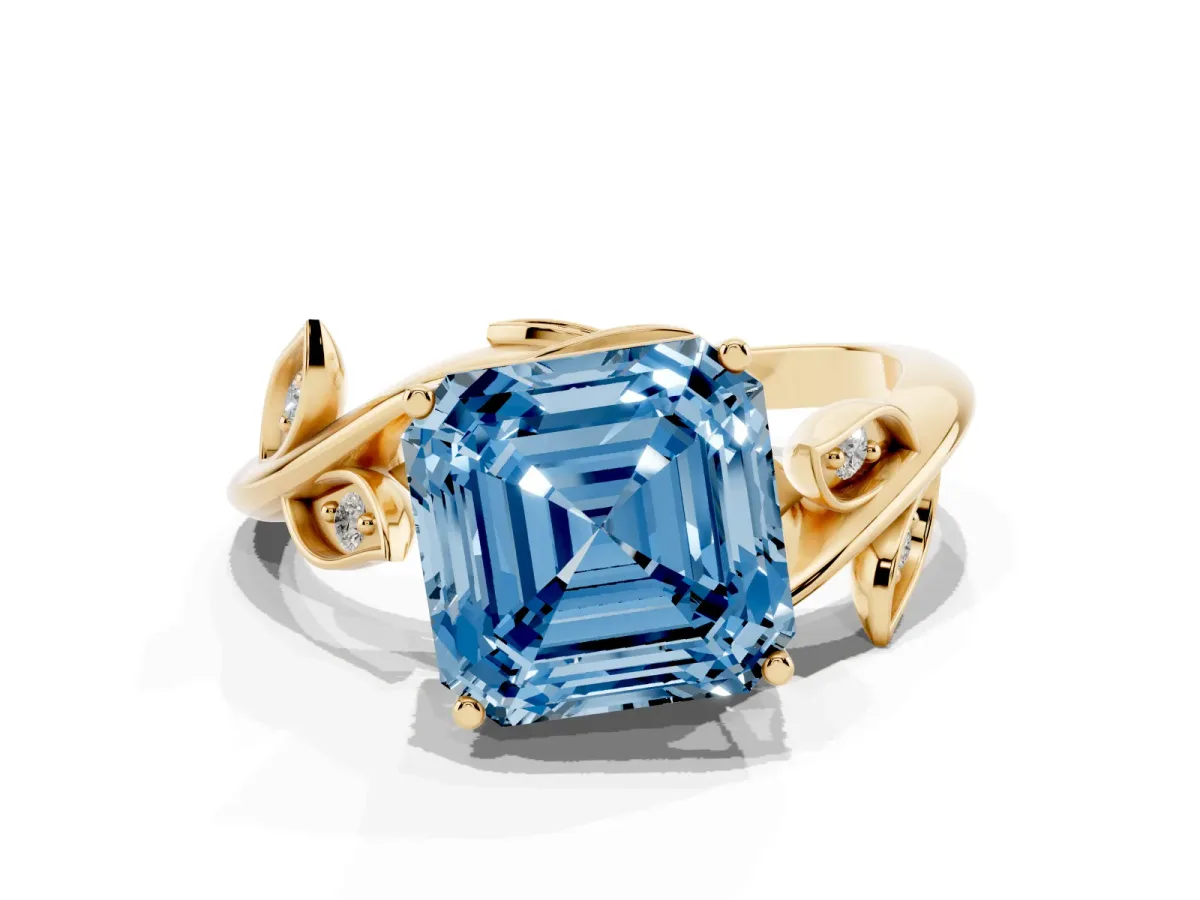 Fancy Blue Asscher Cut Solitaire Twist Engagement Ring with Leaf Accents and Prong Setting Yellow gold