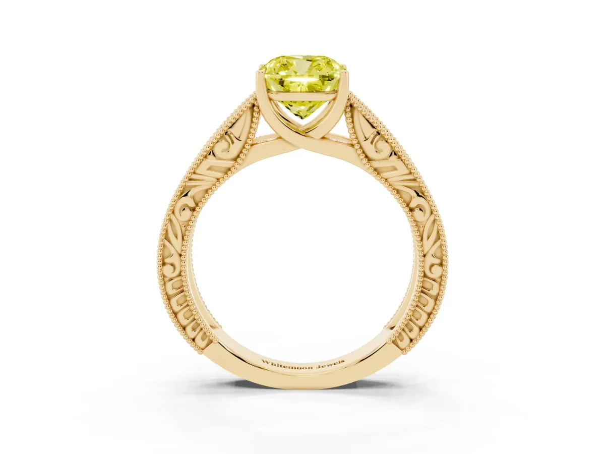 Fancy Yellow Cushion Cut Diamond Solitaire Ring with Engraved Band and Four-Prong Setting Yellow gold