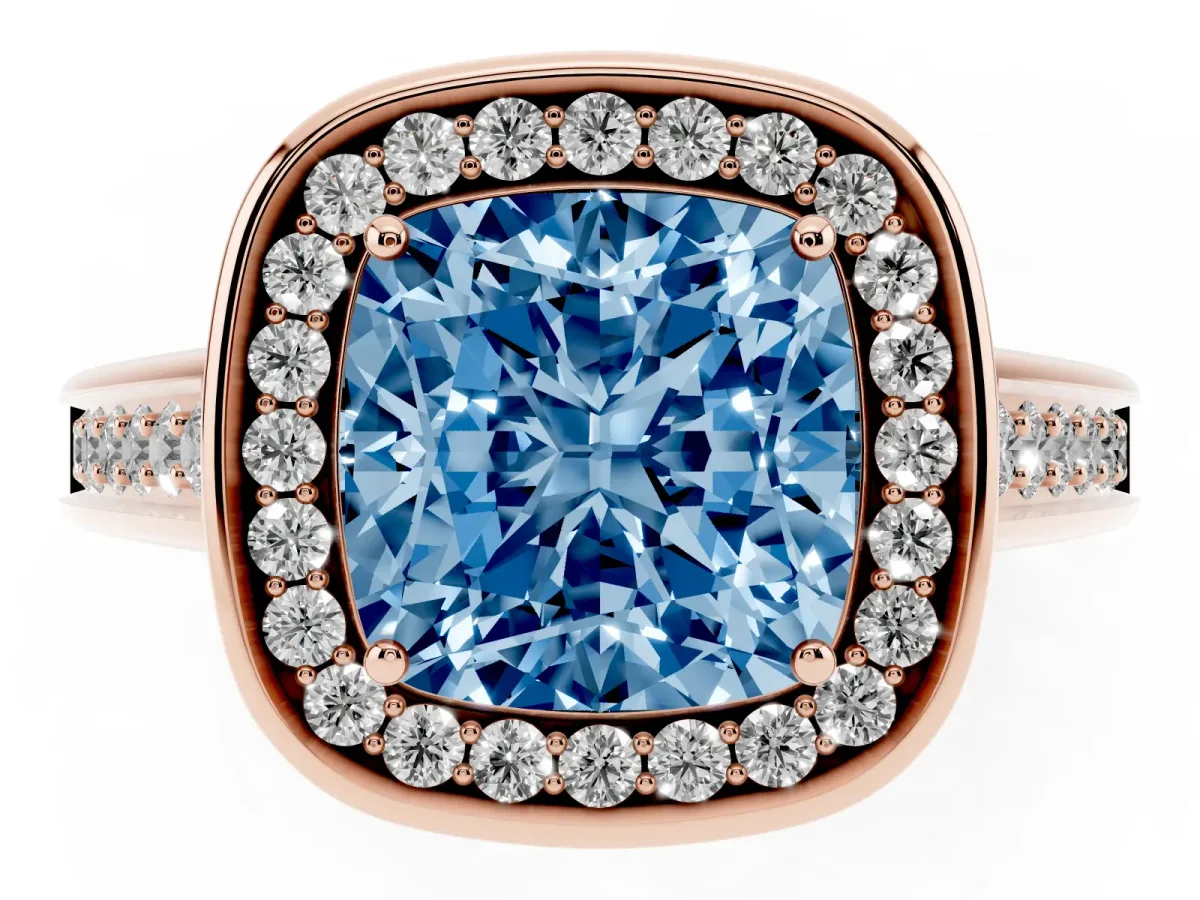 Fancy Blue Cushion Cut Halo Solitaire Diamond Ring with Pave Band and Bezel Setting Rose gold