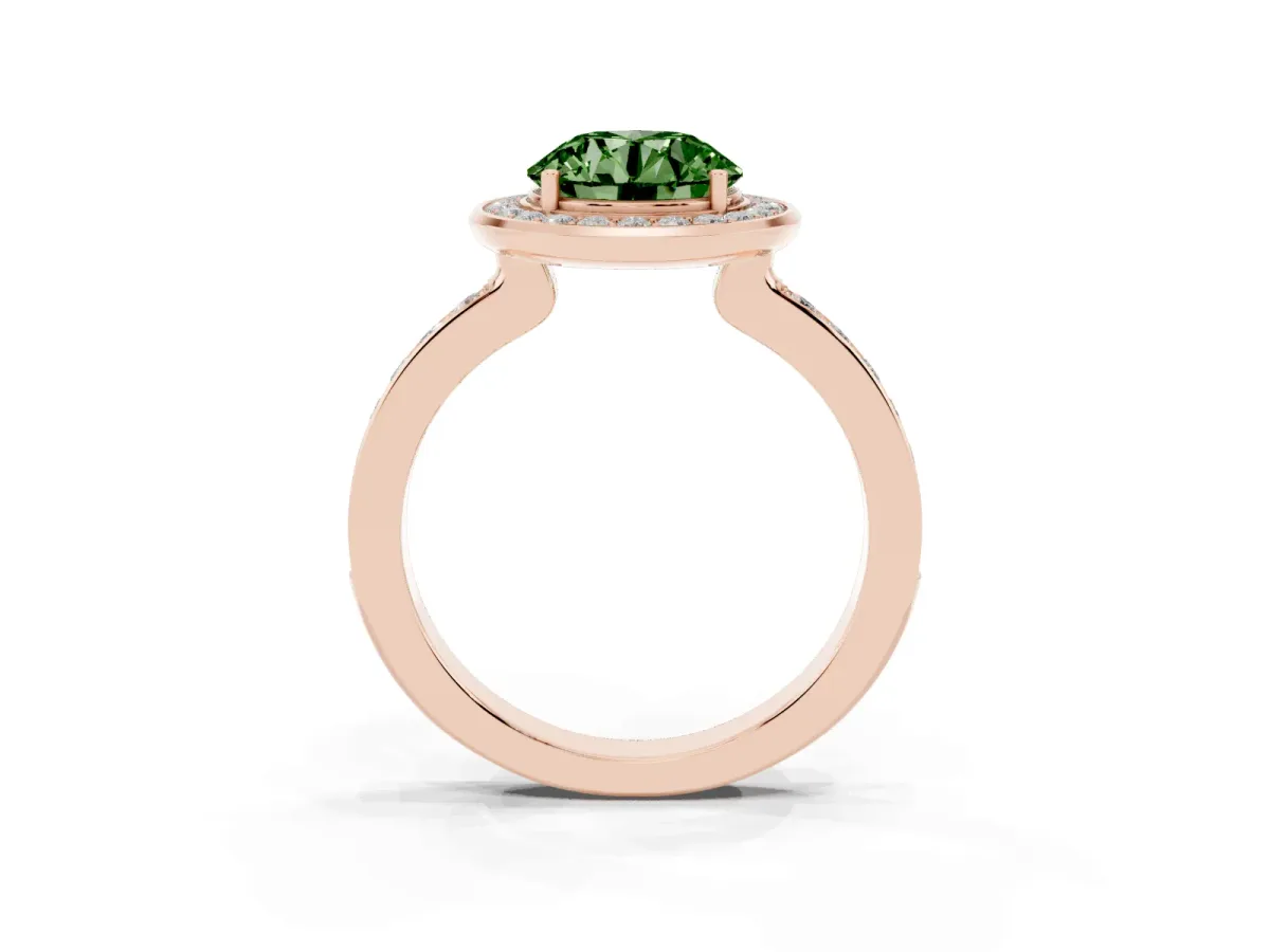 Fancy Green Round Cut Diamond Halo Ring with Bezel Frame and Pavé Band Rose gold