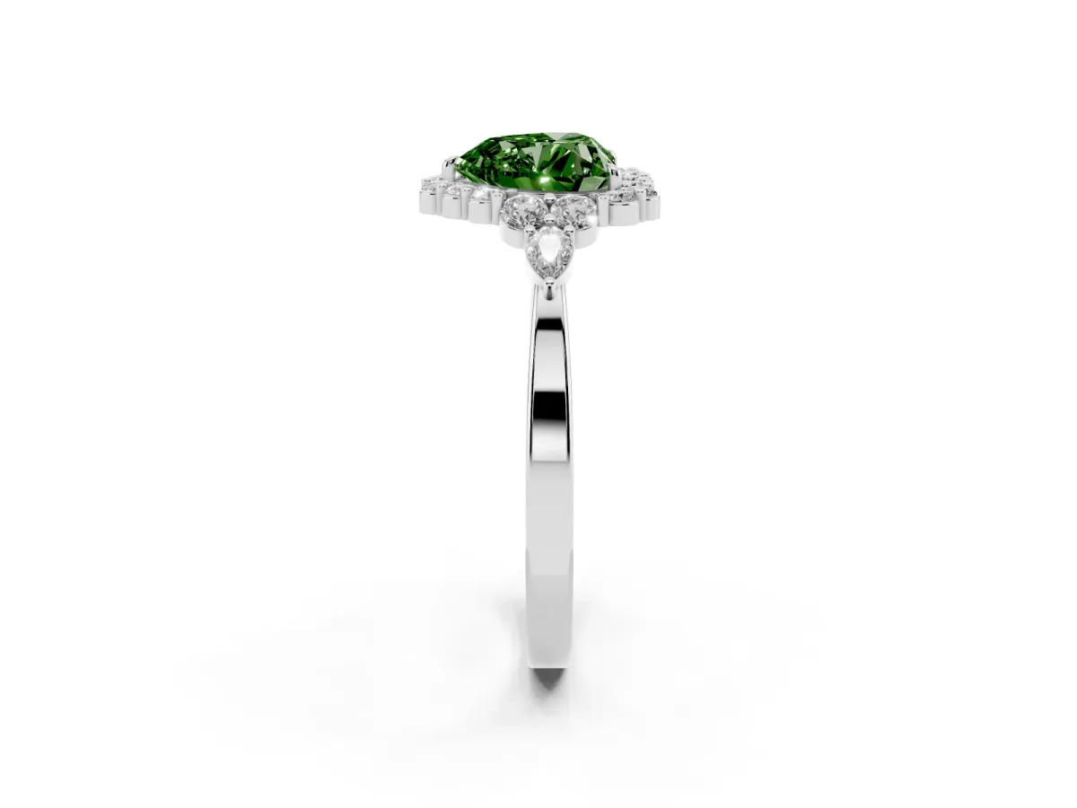 Fancy Green Heart Cut Diamond Halo Ring with Pear Side Stones and Prong Setting Silver