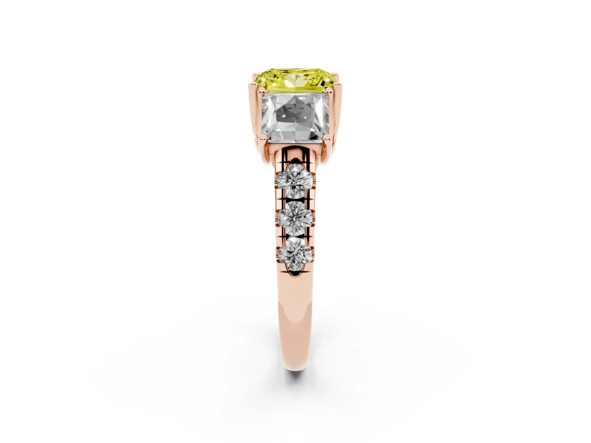 Fancy Yellow Three-Stone Princess Cut Diamond Pavé Band with Prong Setting Rose gold