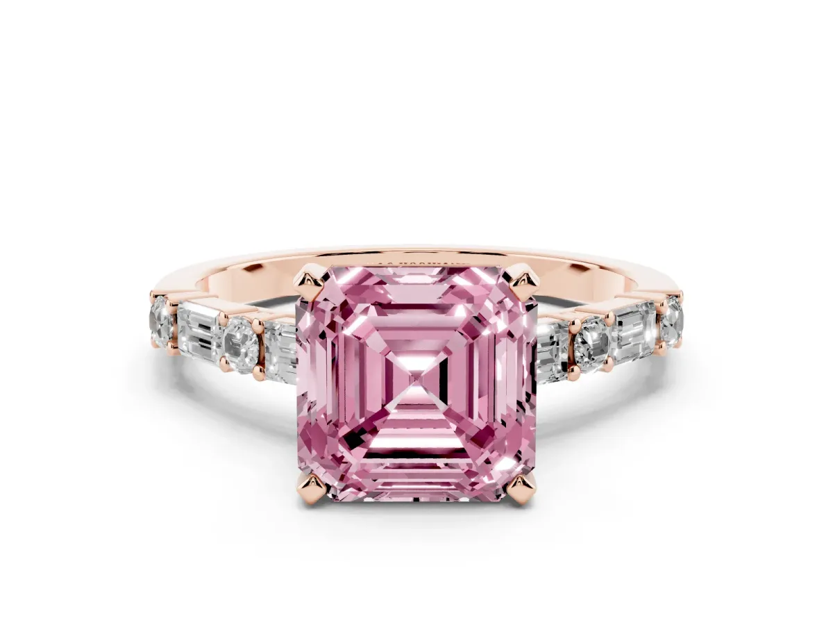 Fancy Pink Asscher Cut Diamond Solitaire with Side Baguettes and Channel Set Band Rose gold