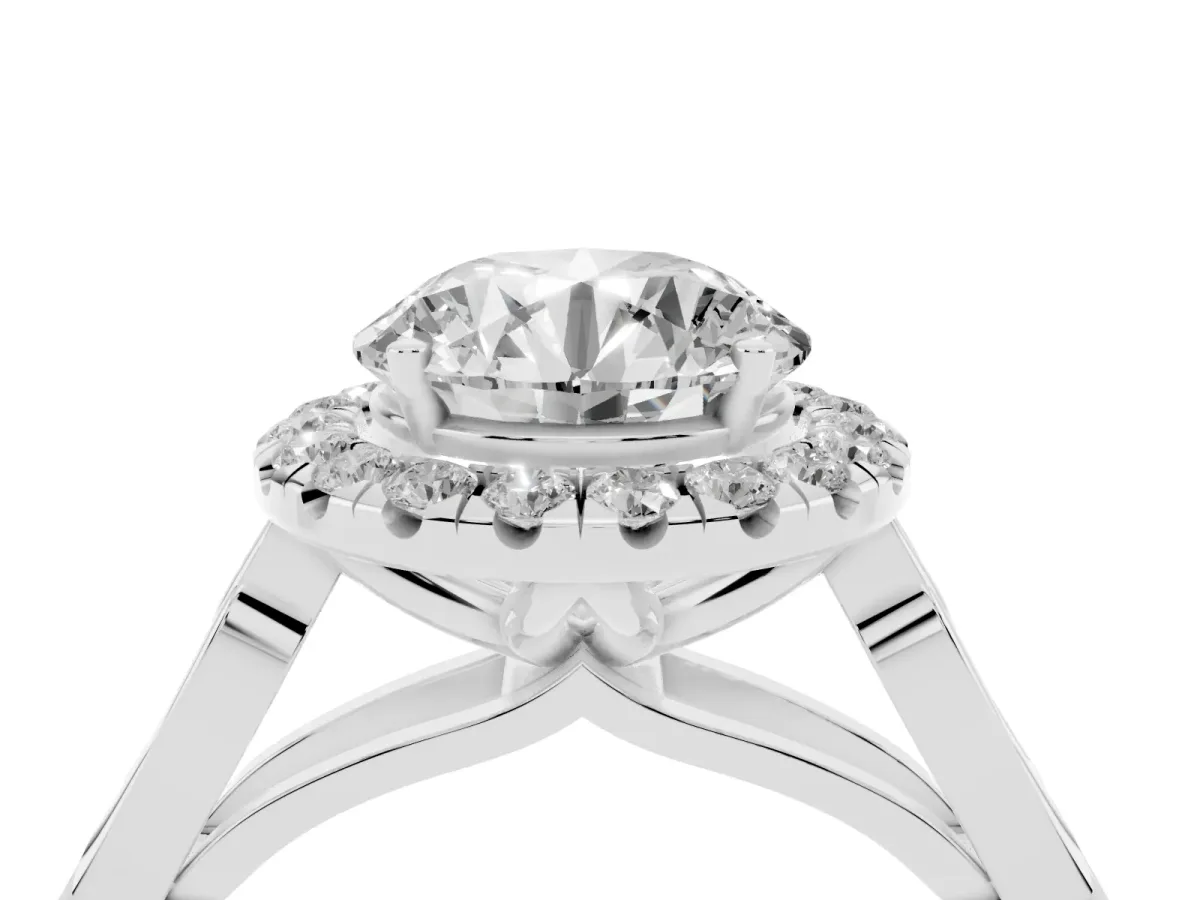 Round Cut Halo Diamond Engagement Ring with Filigree Band and Four-Prong Setting White gold