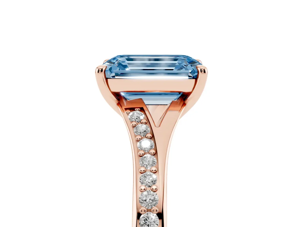 Fancy Blue Emerald Cut Diamond Solitaire Ring with Pavé Band and Prong Setting Rose gold
