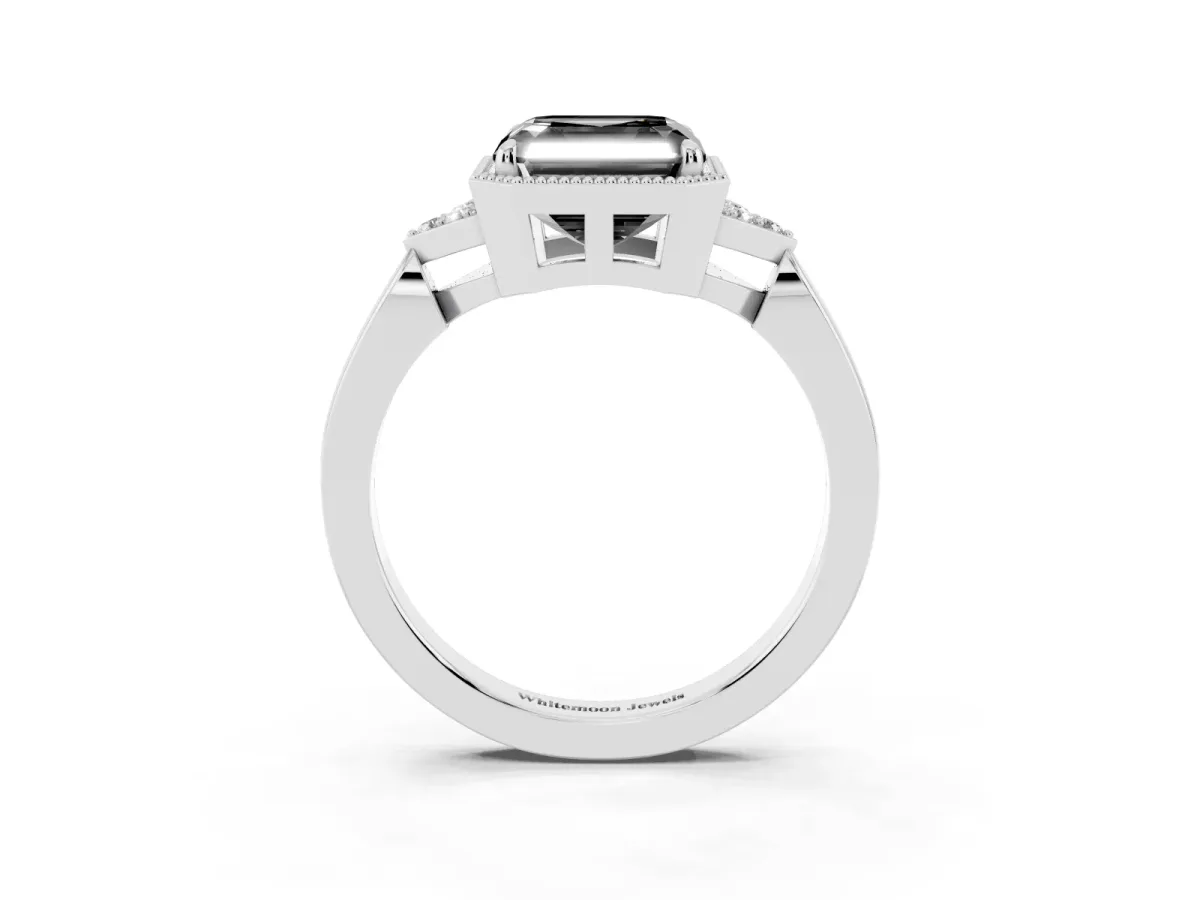 Fancy Black Hexagonal Halo Asscher Cut Diamond Solitaire with Pavé Band and Four-Prong Setting Silver