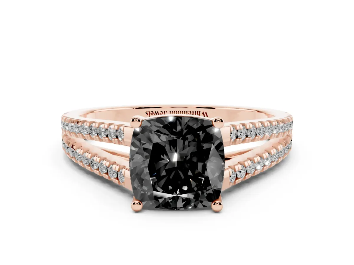 Fancy Black Cushion Cut Diamond Solitaire Engagement Ring with Split Shank Pavé Band Rose gold
