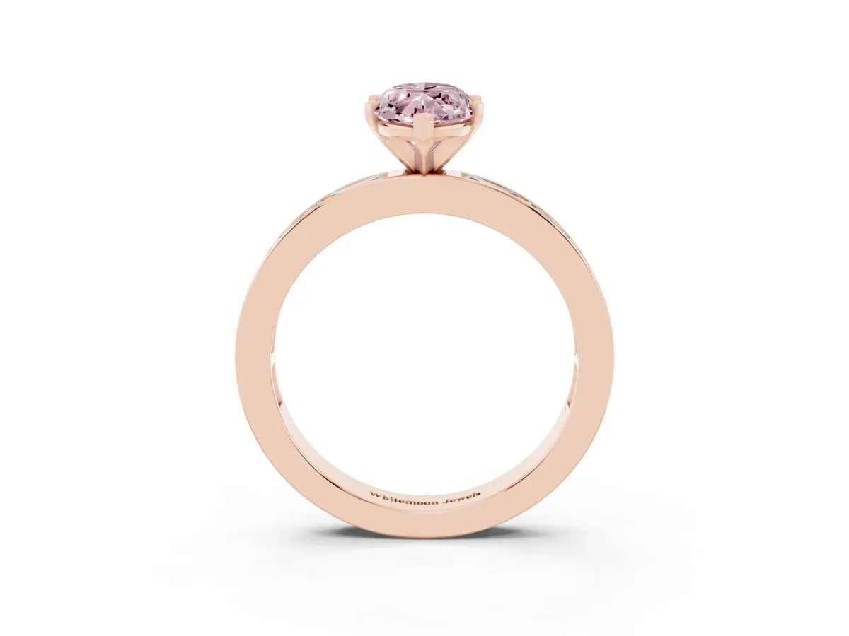 Fancy Pink Marquise Cut Solitaire Diamond Ring with Channel-Set Baguette Band and Four-Prong Setting Rose gold