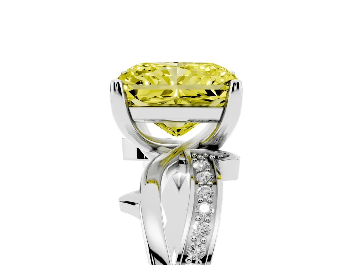 Fancy Yellow Radiant Cut Solitaire Twist Band with Pavé Accents and Four-Prong Setting White gold