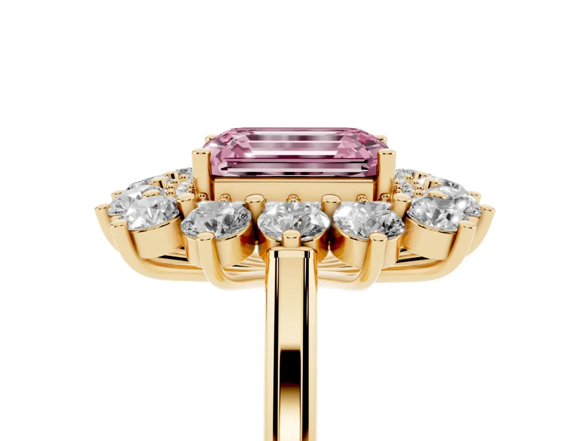 Fancy Pink Emerald Cut Diamond Floral Double Halo Engagement Ring with Prong Setting Yellow gold