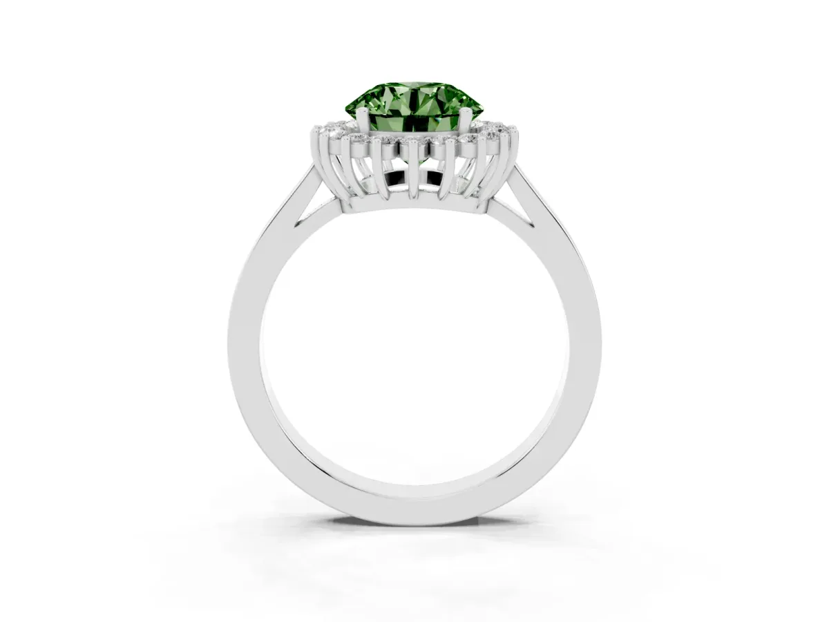 Fancy Green Round Cut Cut Diamond Halo Ring with Round Brilliant Halo and Solitaire Band Platinum