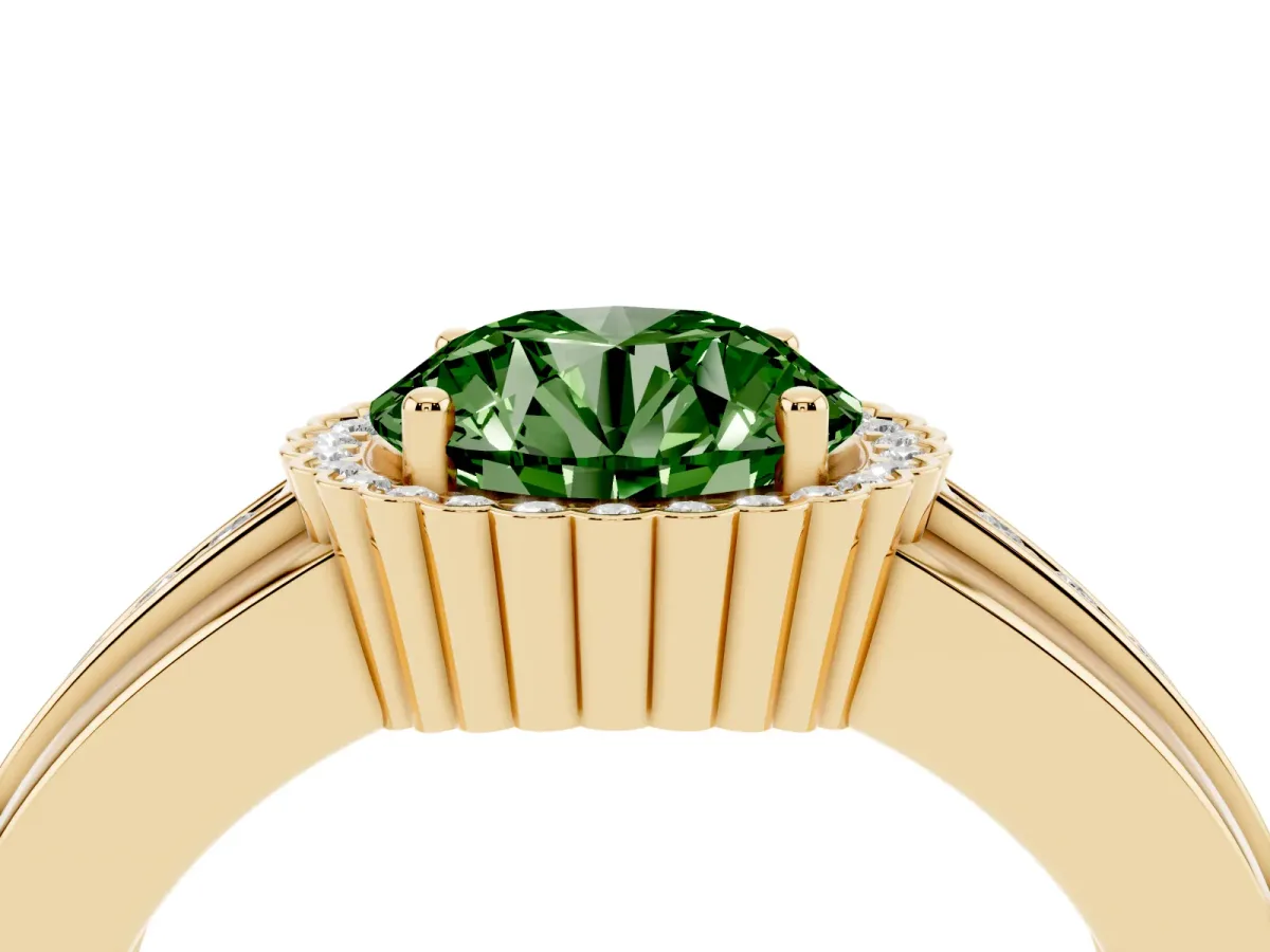Fancy Green Round Cut Cut Halo Pave Band Four-Prong Ring Yellow gold