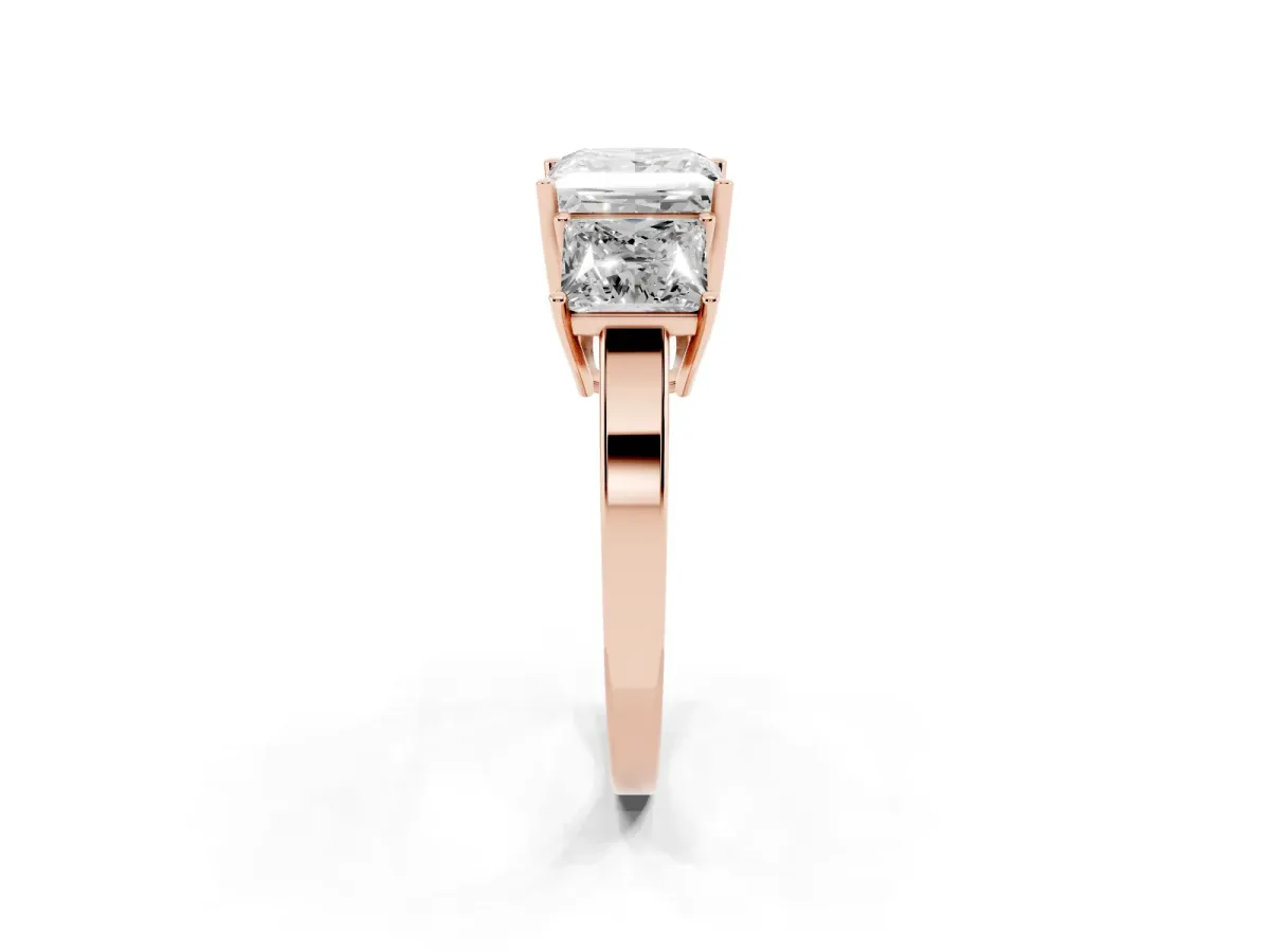 Three-Stone Princess Cut Cut Diamond Engagement Ring with Flat Band and Four-Prong Setting Rose gold