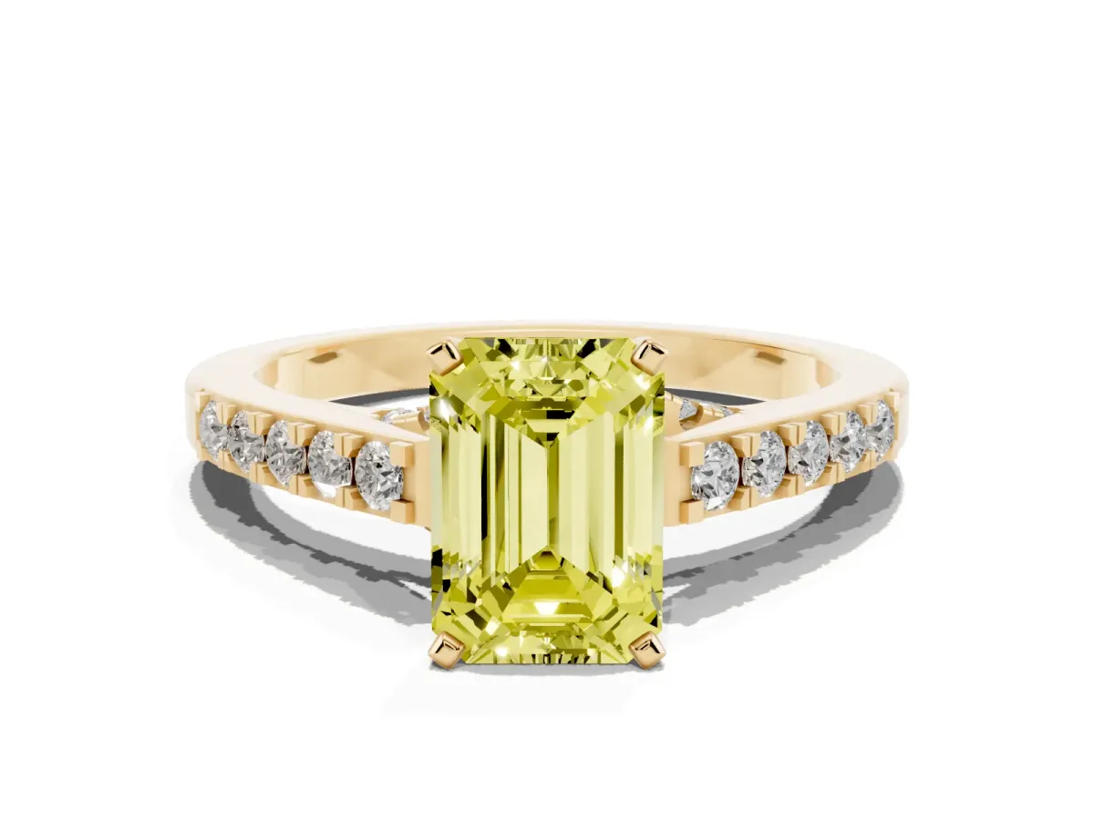 Fancy Yellow Emerald Cut Diamond Solitaire Ring with Crossover Gallery and Round Pavé Band Yellow gold