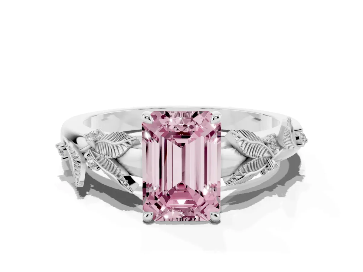 Fancy Pink Emerald Cut Diamond Solitaire Ring with Leaf Motif Band and Four-Prong Setting Silver