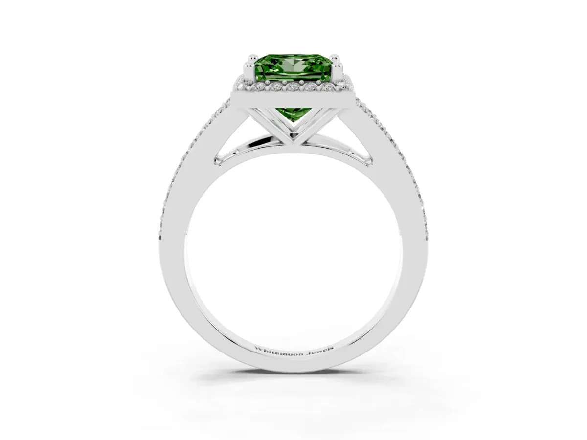 Fancy Green Princess Cut Halo Split Shank Diamond Ring with Prong Setting White gold