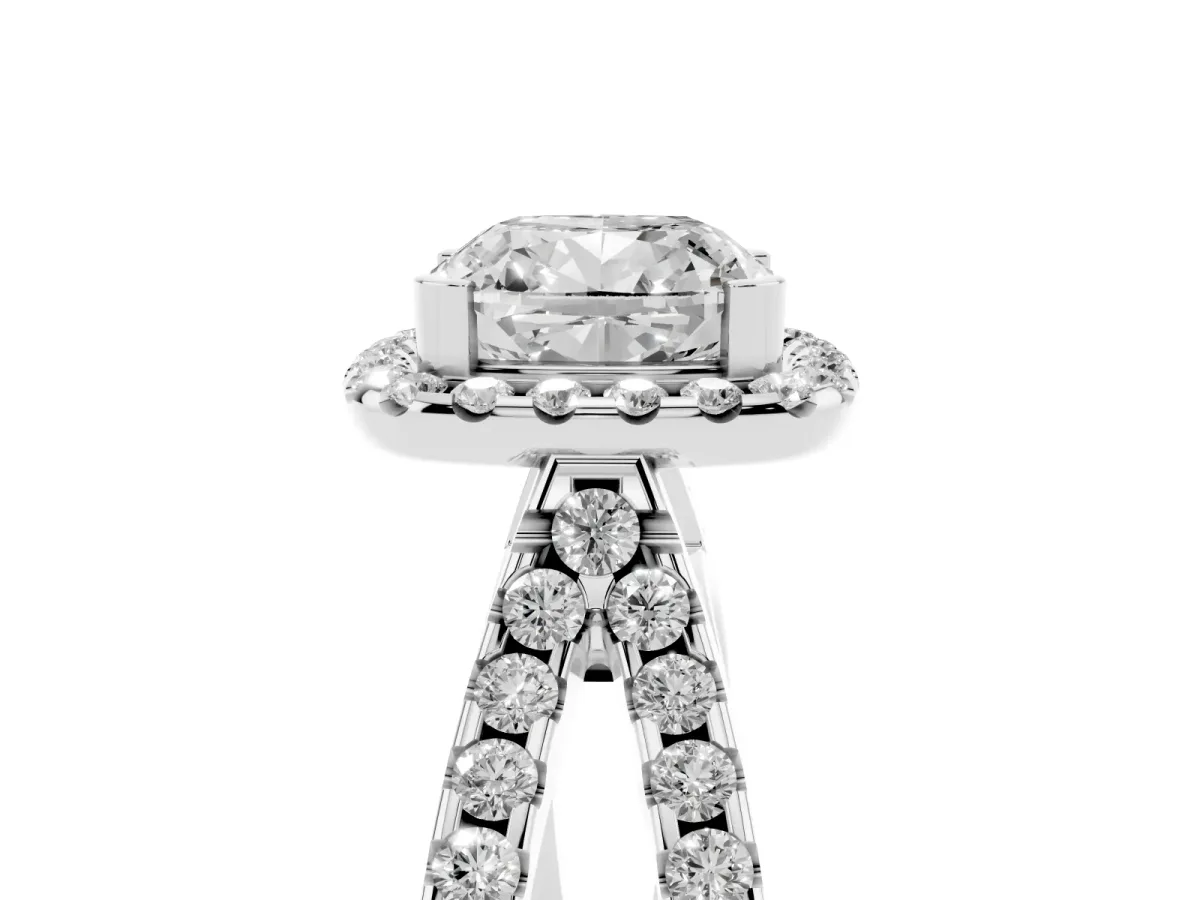 Cushion Cut Diamond Halo Ring with Split Shank Pavé Band and Prong Setting Silver