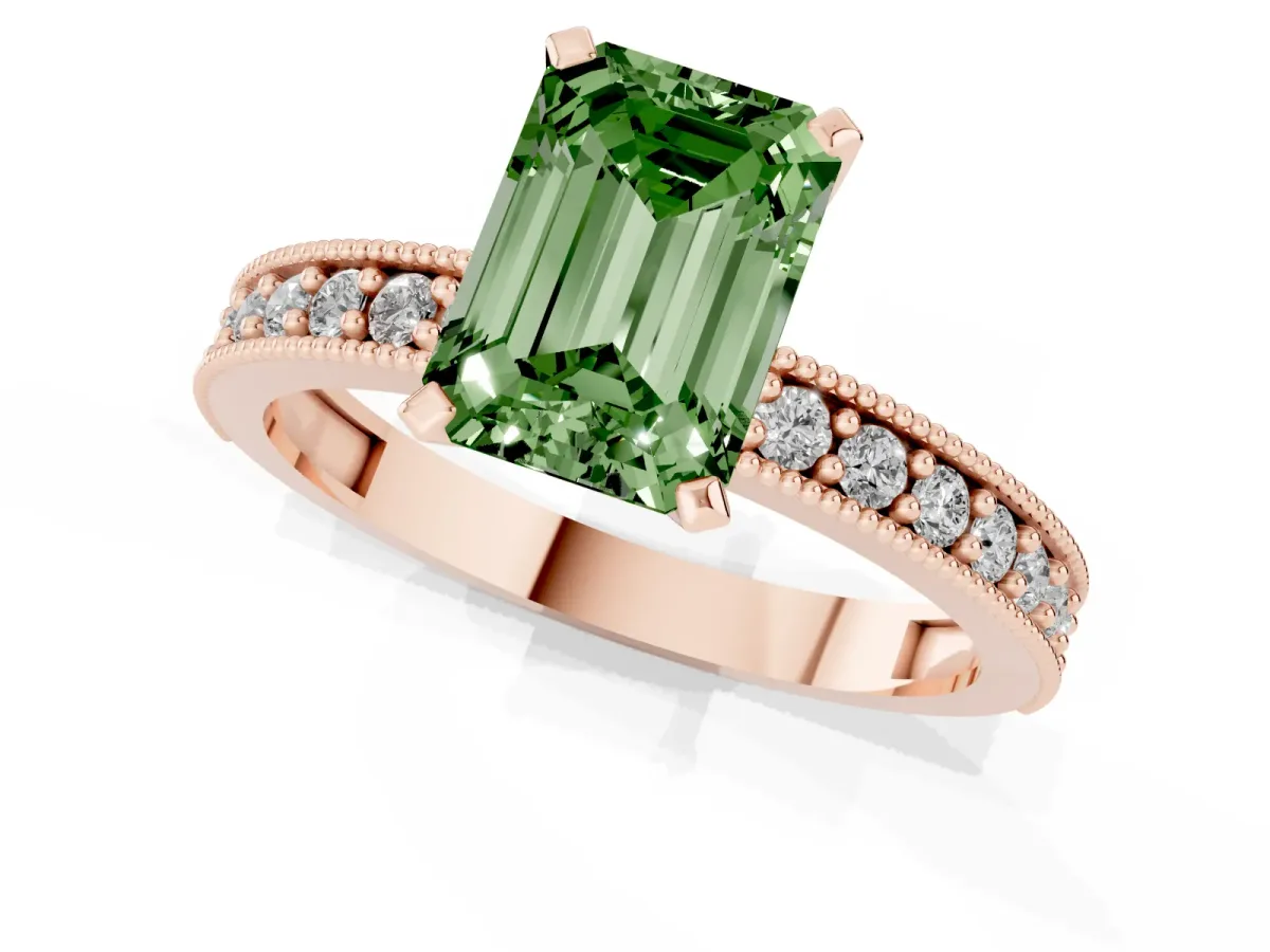 Fancy Green Emerald Cut Diamond Milgrain Pavé Engagement Ring with Four-Prong Setting Rose gold