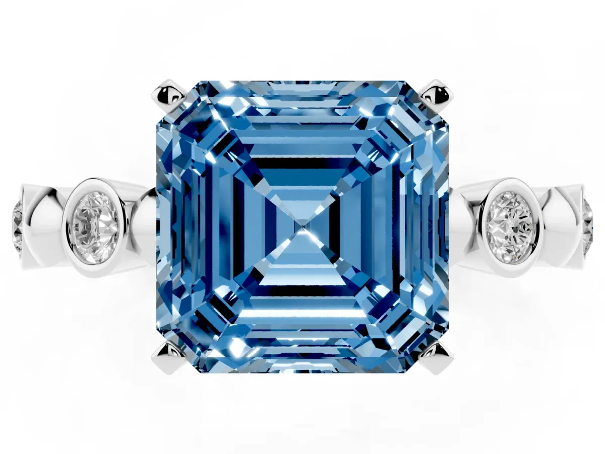Fancy Blue Asscher Cut Solitaire Bezel-Set Diamond Ring with Beaded Band and Four-Prong Setting Silver